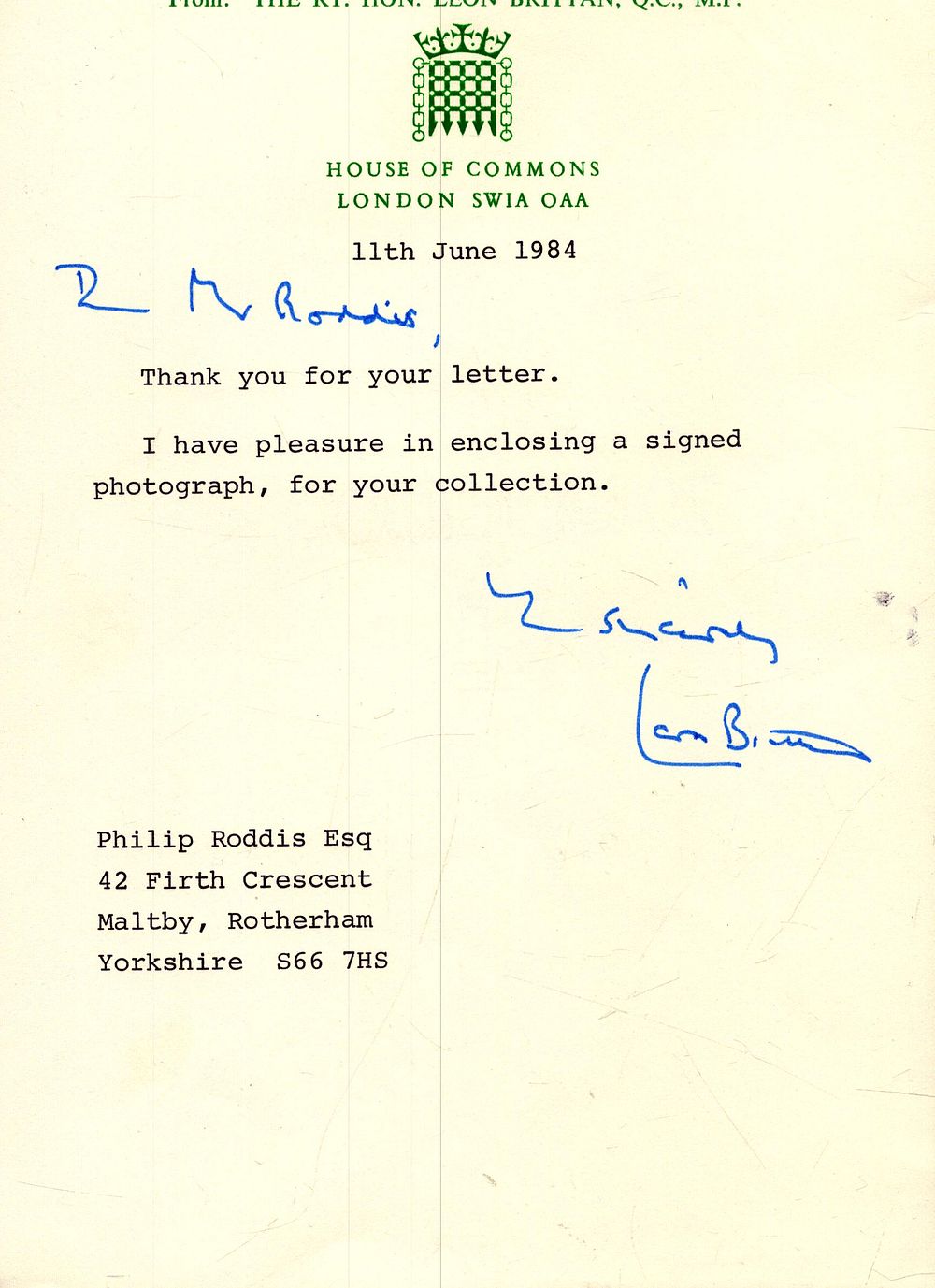 Lot 214: Rt Hon Leon Brittan signed letter corresponding letter,...