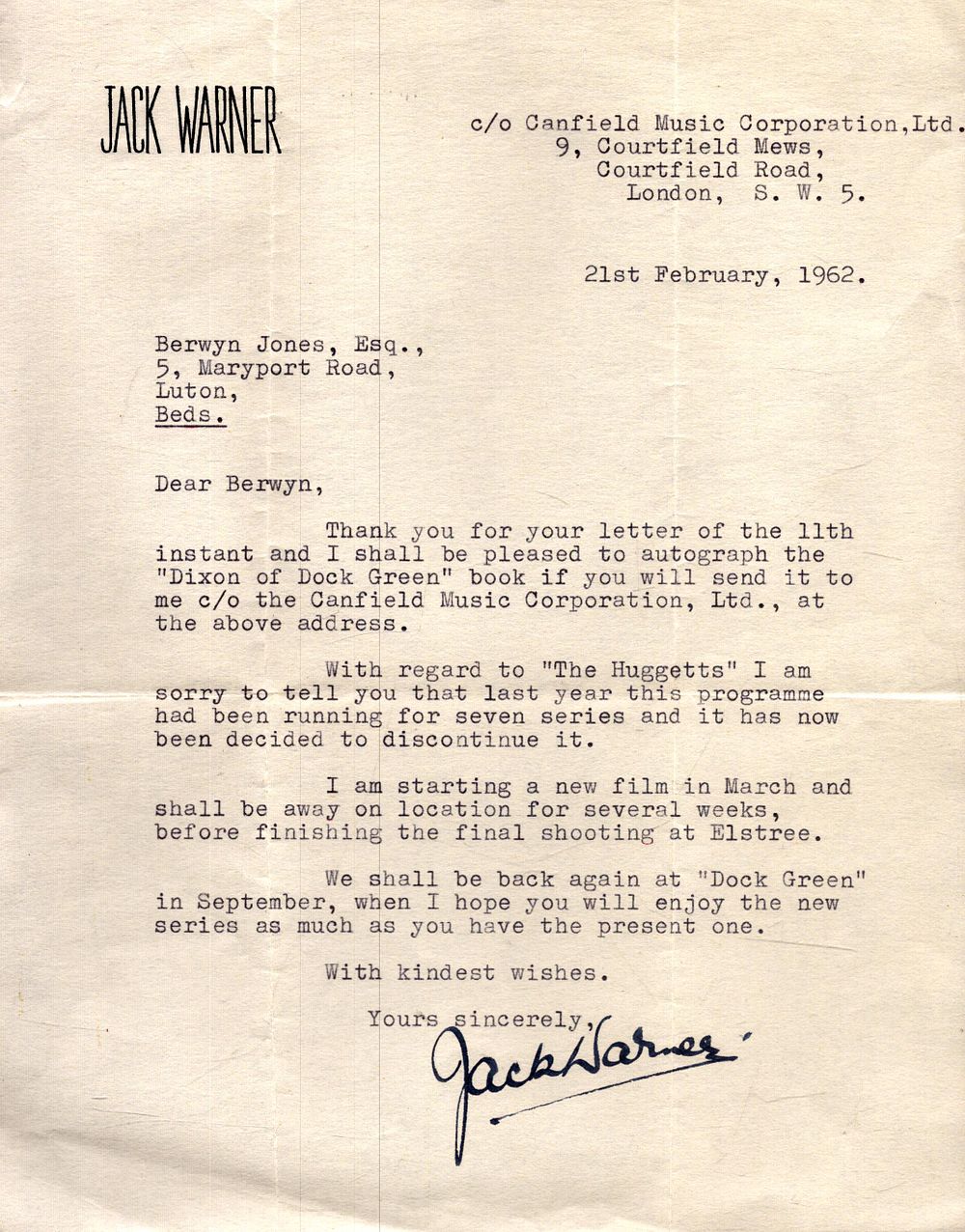 Lot 215: Jack Warner signed letter corresponding letter,21st Feb 1962.