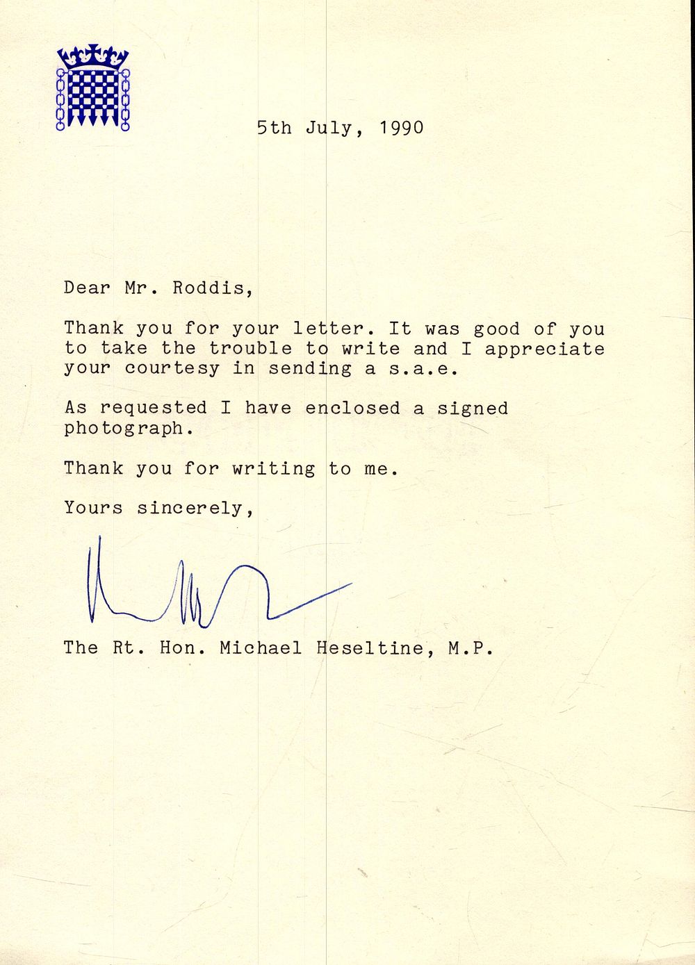 Lot 216: Rt Hon Michael Heseltine signed letter corresponding letter,...