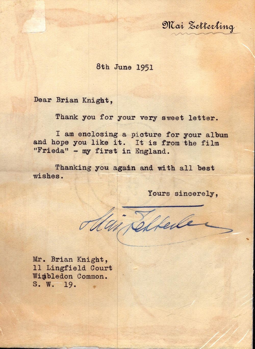 Lot 217: Mai Zetterling signed letter of correspondence, 8th June...