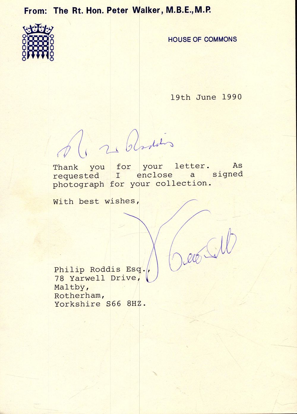 Lot 219: Rt Hon Peter Walker signed letter corresponding letter,...