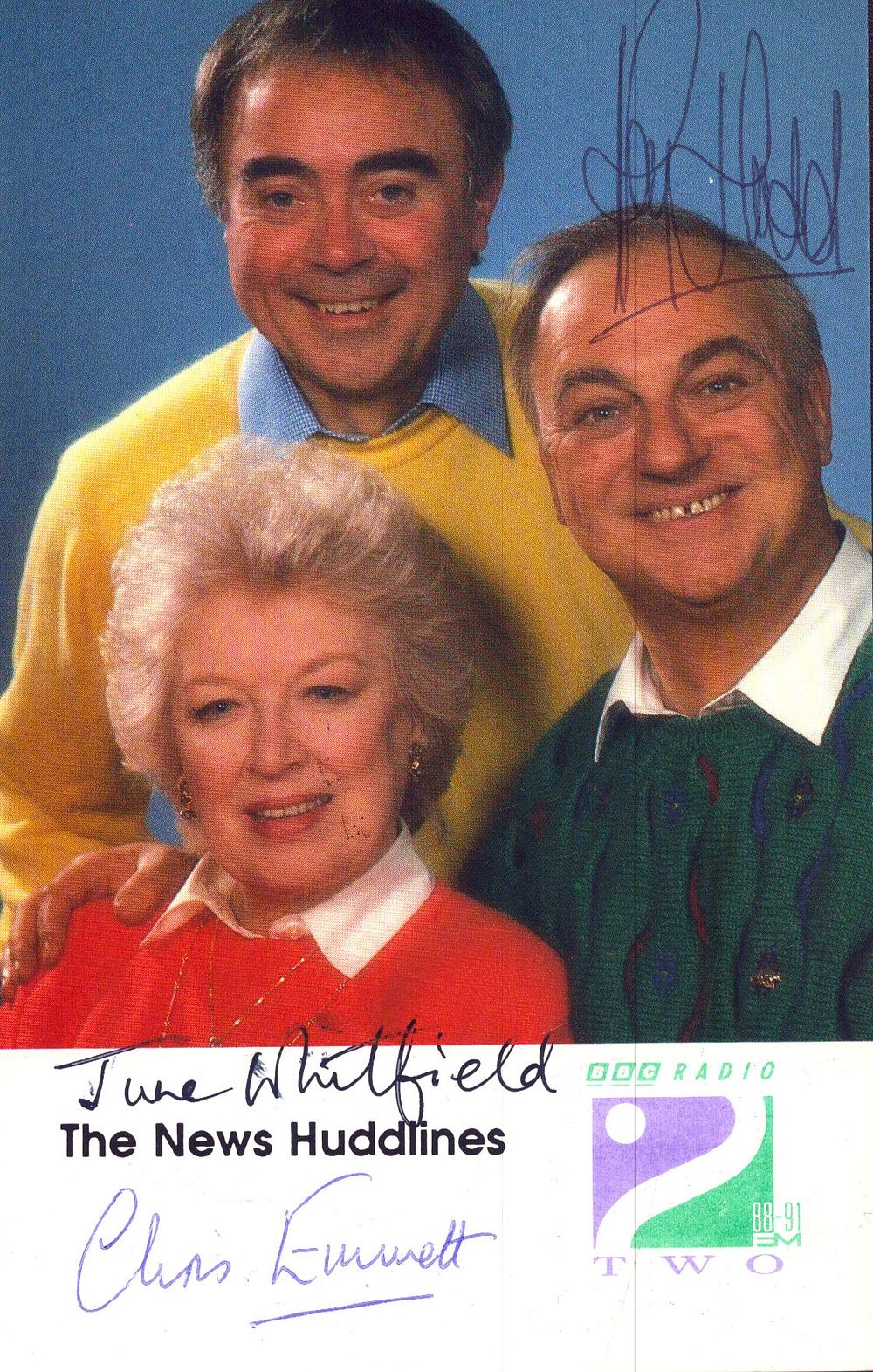 Lot 235: Roy Hudd, June Whitfield, and Chris Emmett signed photo card...