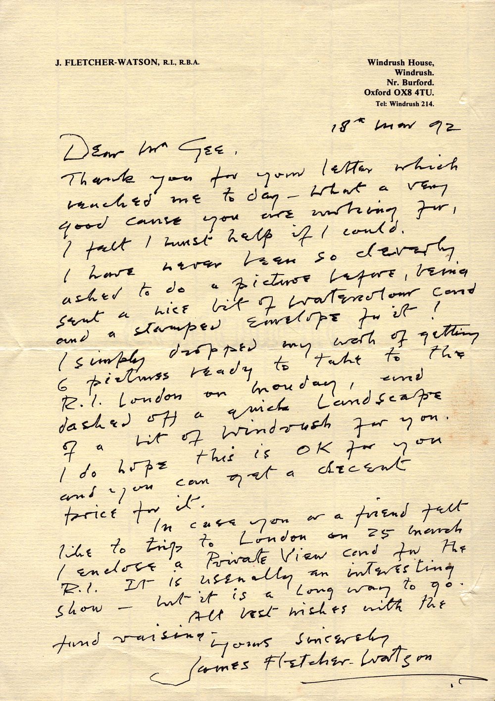 Lot 410: James Fletcher-Watson, artist, Windrush handwritten letter dated 18...