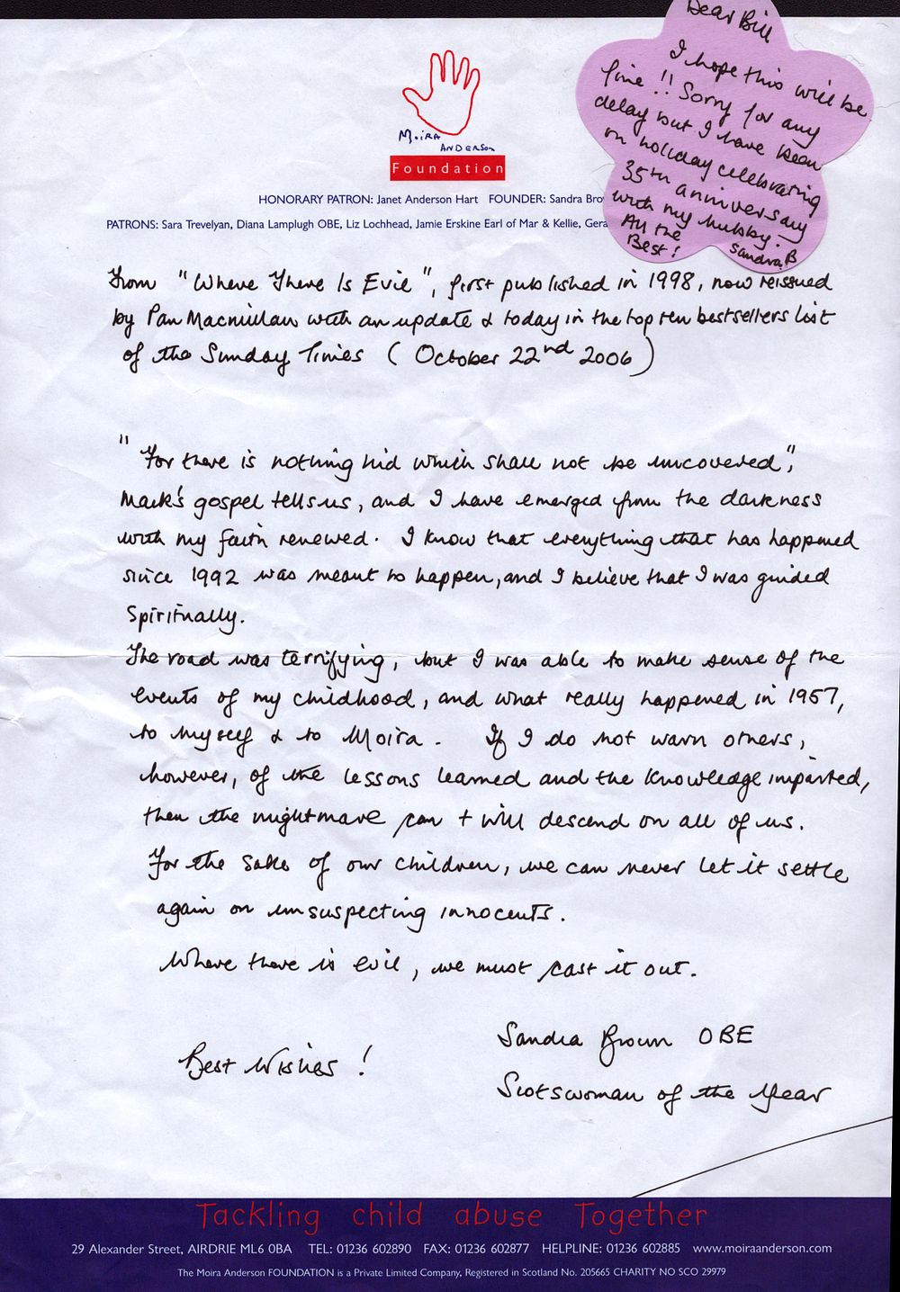 Lot 411: Sandra Brown OBE Sottish Campaigner. Signed handwritten letter.