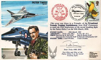 Peter Twiss, OBE DSC signed FDC RAF TP17 Single Stamp plus Post Marked 10th March 1981.