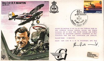 B.A.D.M McDonald, Pilot: sqn ldr signed FDC RAF TP11 Wg. Cdr. R.F Martin OBE. DFC. AFC Single 