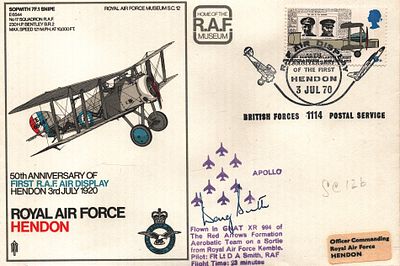 Doug A. Smith Pilot: Flt Lt signed FDC SC12 50th Anniversary of First R.A.F Air Display Hendon 