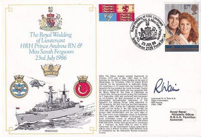 4RN23b Royal Wedding 17p Stamp signed by Lt. R. Wain Flt. Cdr. HMS Brazen. 23 Jul 86 - BFPS 