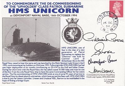 2RNCH26b De- Commissioning Submarine HMS Unicorn Signed 4. 16 Oc 94 Plymouth To Commemorate The 