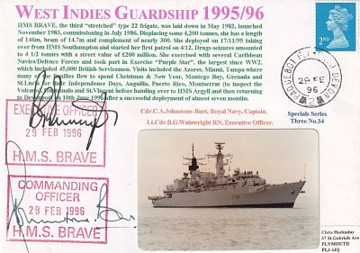 HMS Brave West Indies Guardship 1995/96 Signed Captain and Executive Officer. 29 Fe 96 Paquebot 