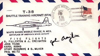Astronaut Captain USN John Creighton signed T-38 Shuttle Training Aircraft (STA) envelope PM 