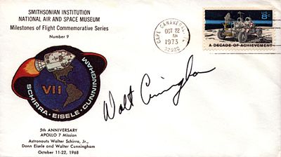 Astronaut Colonel USMCR Walter Cunningham signed 5TH Anniversary Apollo 7 Mission commemorative 