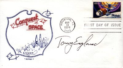 Astronaut Tony England signed Conquest of Space envelope PM Houston. TX May 14, 1974, 77013.