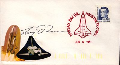 Astronaut Lawrence J. DeLucas signed Space Shuttle envelope PM Nassau Bay BR. Houston TX 77058 