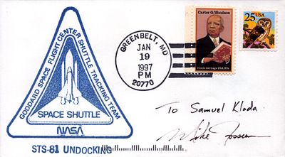 "Astronaut Michael E. Fossum signed Nasa Space Shuttle STS81 Unlocking envelope PM Greenbelt 