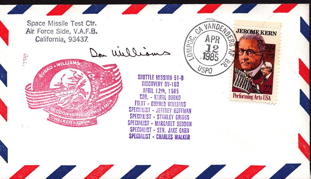 Lot 173: Astronaut Don Williams Shuttle Mission 51-D envelope PM...