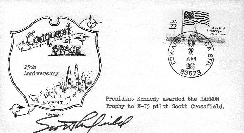 Lot 177: Astronaut Scott Crossfield signed Conquest of Space Envelope...