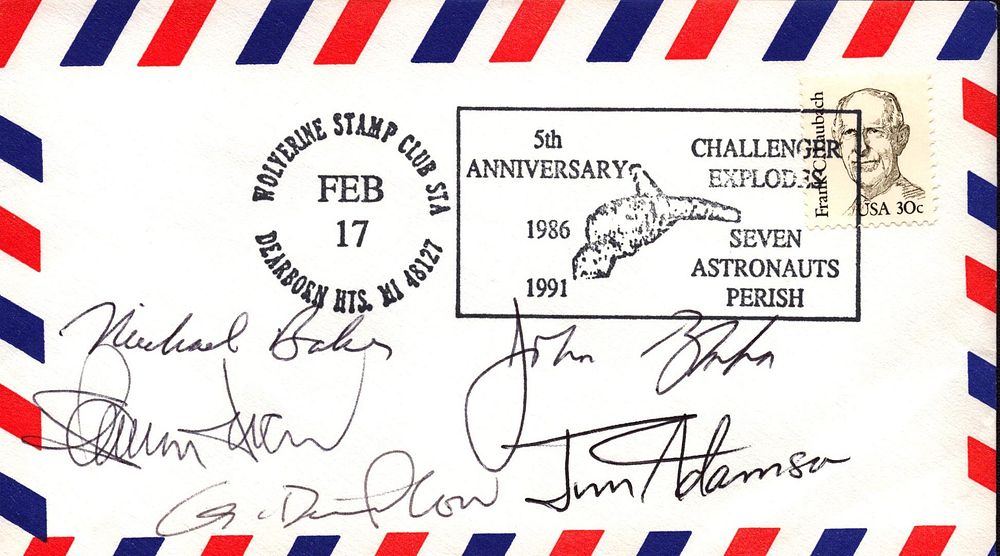 Lot 182: NASA STS-43 crew multi signed envelope includes John...