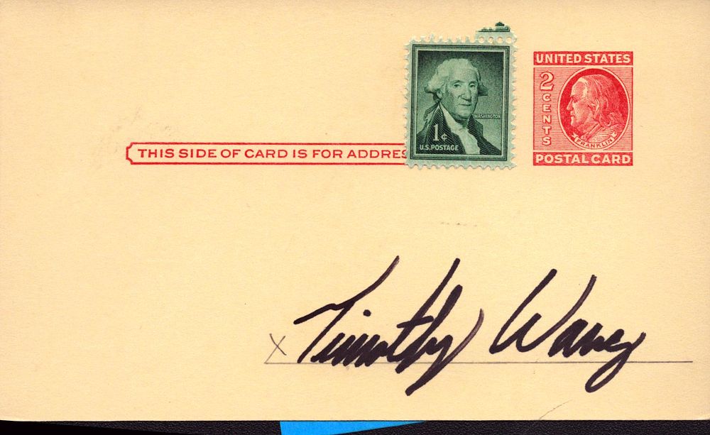 Lot 319: Timothy Wang signed postal card.