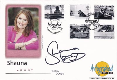 2001 Signed Shauna Lowry with set of 5 Cat and Dog Stamps FDC. 13 February 2001 Battersea 