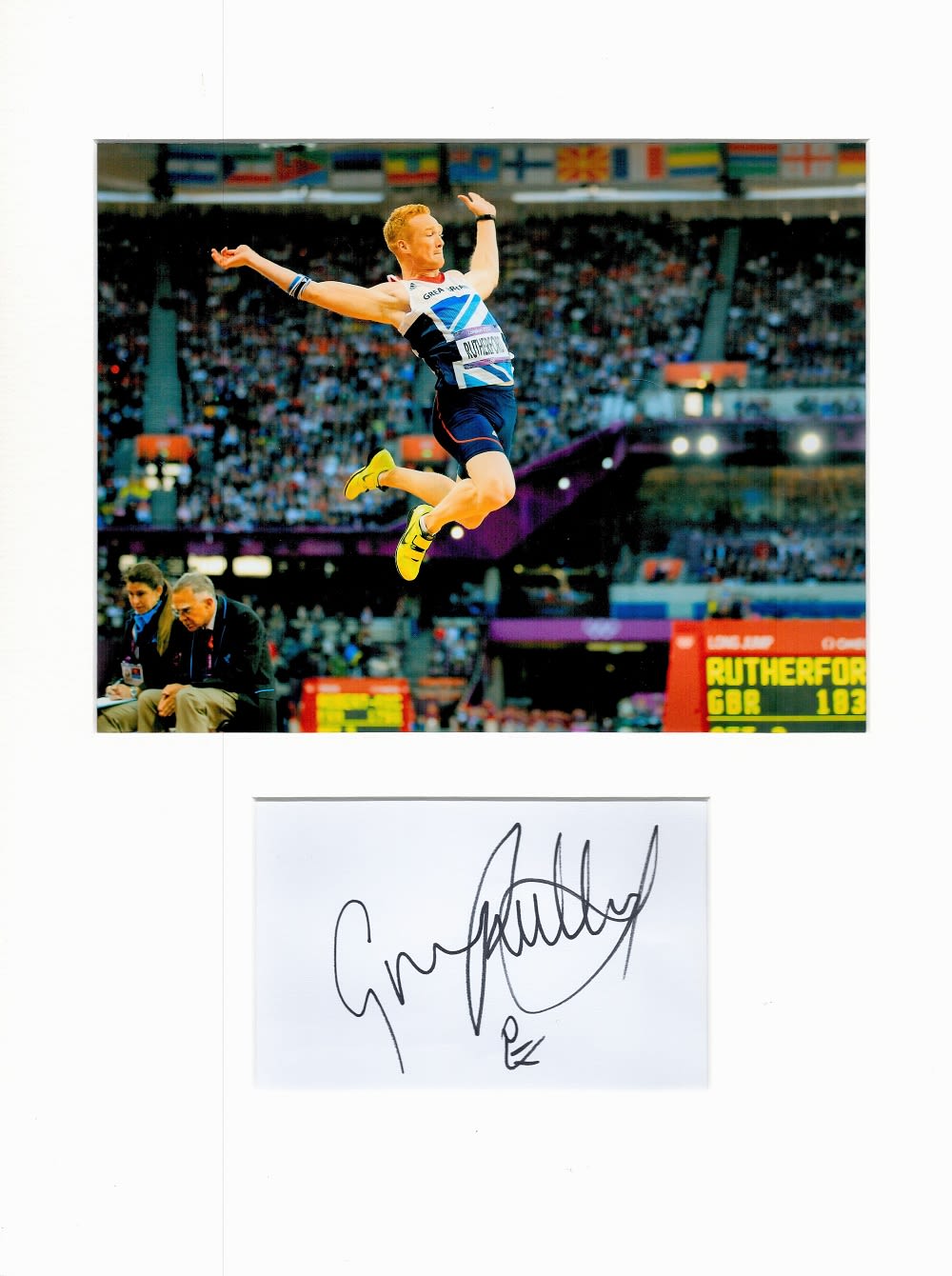 Lot 442: Athletics Greg Rutherford 16x12 overall mounted signature piece....