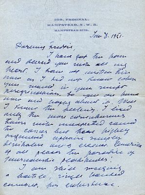 Tamara Karsavina Russian to Frederick Ashton dancer handwritten letter dated 08 Jan 1951.