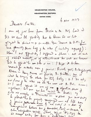 Isaiah Berlin Russian Philosopher to Frederick Ashton mentioning Henry Moore and Benjamin 