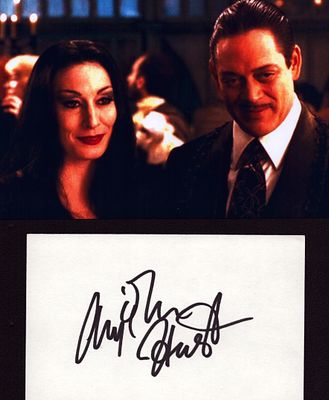 Angelica Huston signature piece 5x3 with Addams Family 6x4 colour photo.