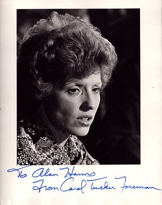 Carol Tucker Foreman signed black and white photo card, 10x8 approx, dedicated.