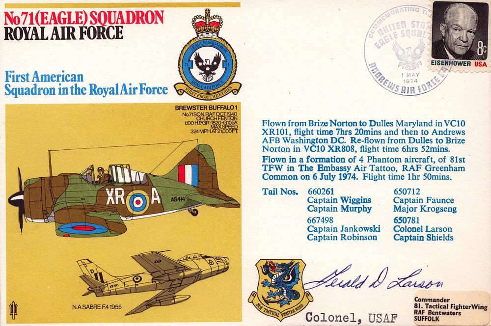Lot 221: Col Larson USAF signed No 71 Eagle Squadron...