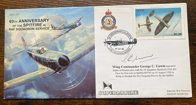 WW2 Battle of Britain Wg Cdr George Unwin DSO DFM signed 60th ann Spitfire cover JS(CC)53c. 