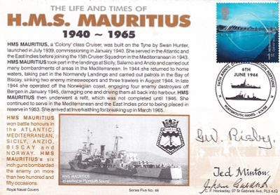 HMS Mauritius Navy cover Signed by 3 on board WW2 D-day 6th June 1944 RNCH46b Life and Times of 