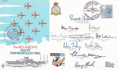 AC47 Red Arrows Salute Farnborough 1986 Flown and Team Signed. 16 Sept 86 British Forces Postal 