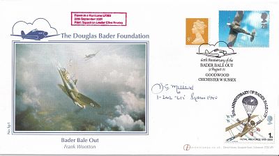WW2 signed Flown Hurricane Bader Bale Out FDC Signed J Millard Battle of Britain Pilot WW2. 