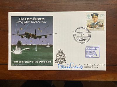ACM Sir D Craig OBE signed 1987 44th ann Dams Raid cover with Woodhall Spa Special postmark. 