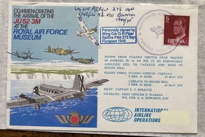 WW2 Rangoon Spitfire ace Wg Cdr G Piper 273 sqn signed JU52 RAF flown cover. Wg Cdr G. R. Piper 