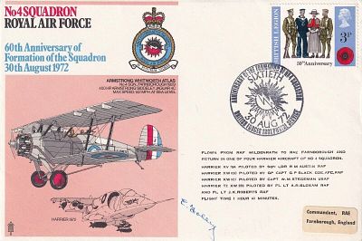 No 4 Sqn RAF cover Signed by W/O E. Folley 1st man to crash a Blenheim and live. 30 Aug 72 BFPS 