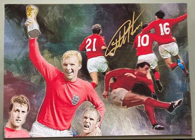 Geoff Hurst 1966 World Cup football hero signed 12 x 8 inch colour montage photo. Sir Geoffrey 
