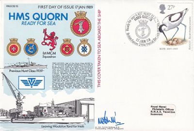HMS Quorn Ready for Sea. Cover taken to sea. First Day Cover. Signed OC. 17 Jan 89 - BFPS 2194 