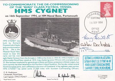 2RNCH22c De - Commissioning HMS Cygnet. Signed 4. 16 Sep 1994 Gravesend Commemorate the De - 