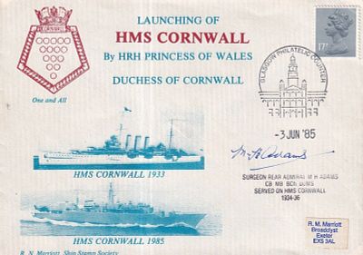 HMS Cornwall Launching of HMS Cornwall Signed by Rear Ad M H Adams Surgeon. 14 Oct 85 Glasgow 