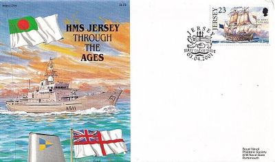 7RN9a HMS Jersey through the ages FDC. 03 04 2001 Jersey First Day of Issue postmark on Jersey 