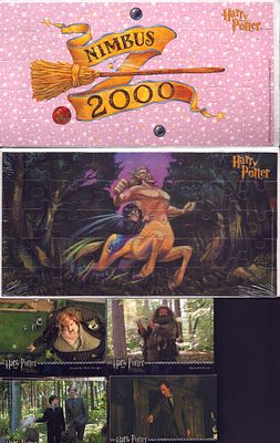 Harry Potter trading card collection with Nimbus 2000 puzzle and Harry potter puzzle, over 50 