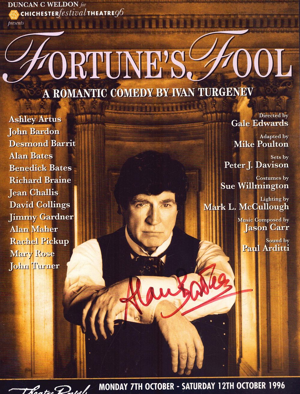 Lot 209: Alan Bates signed Fortune's Fool theatre flyer.