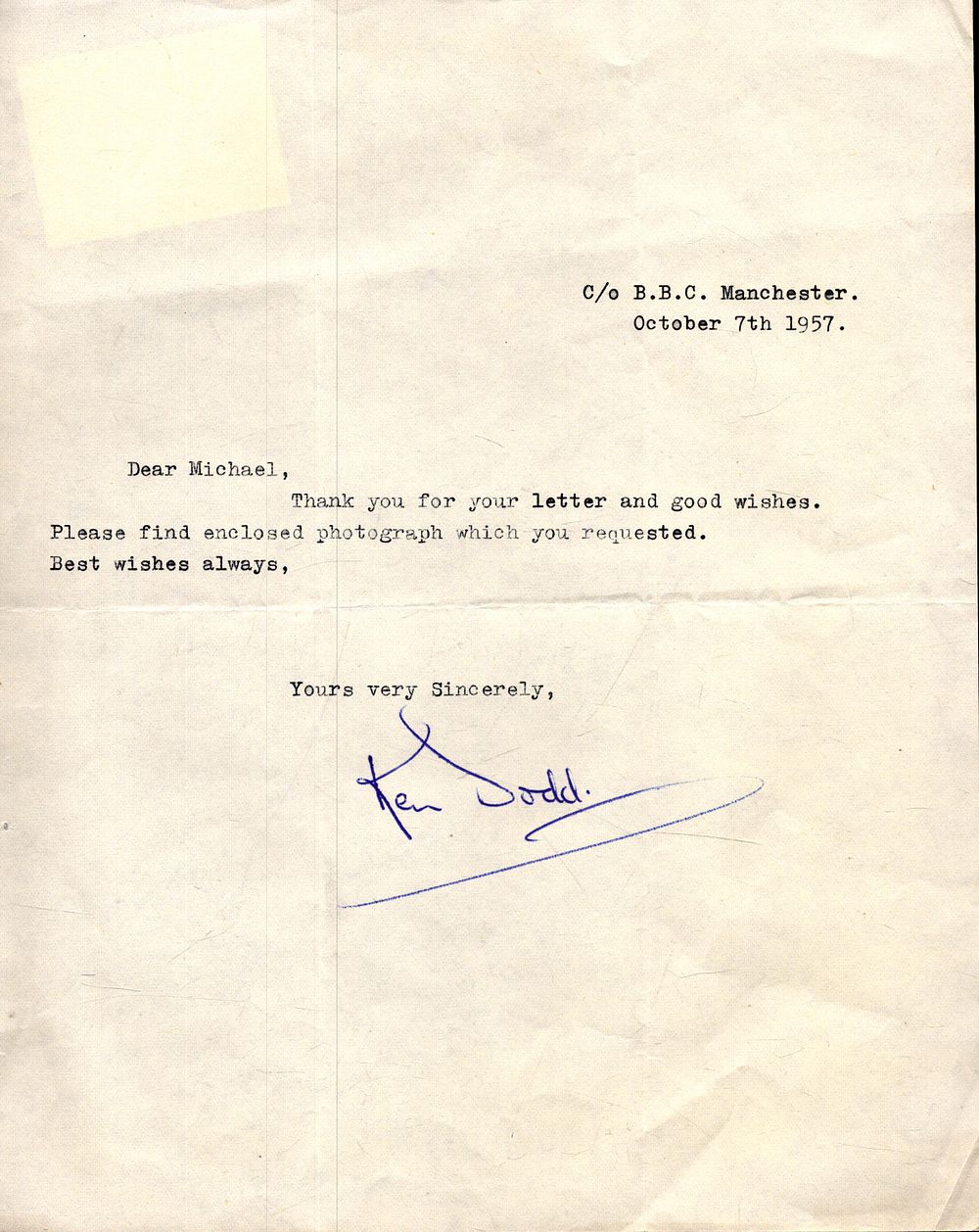 Lot 210: Ken Dodd signed typed letter dated 1957. Thank...