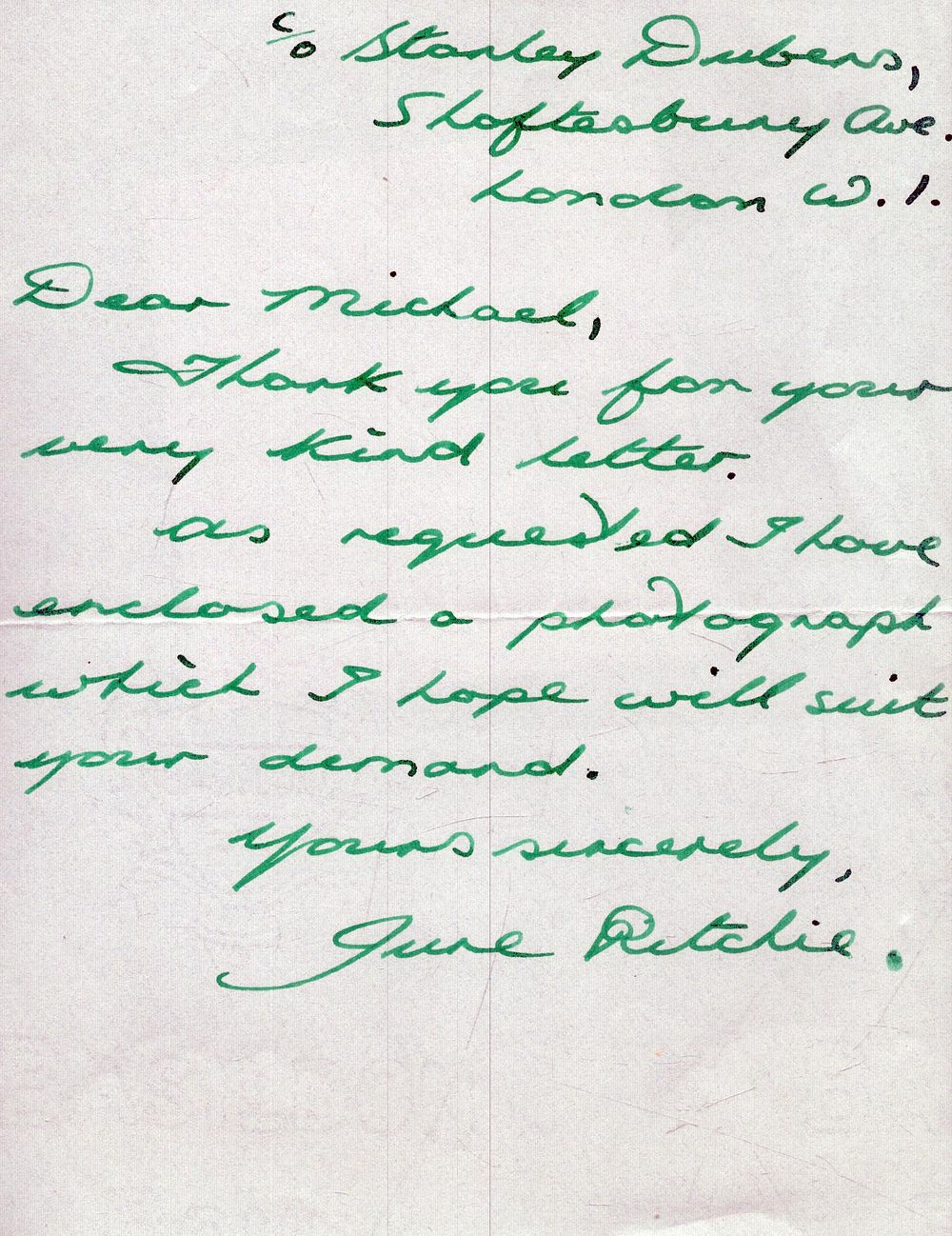 Lot 220: June Ritchie signed handwritten letter. Written in green...