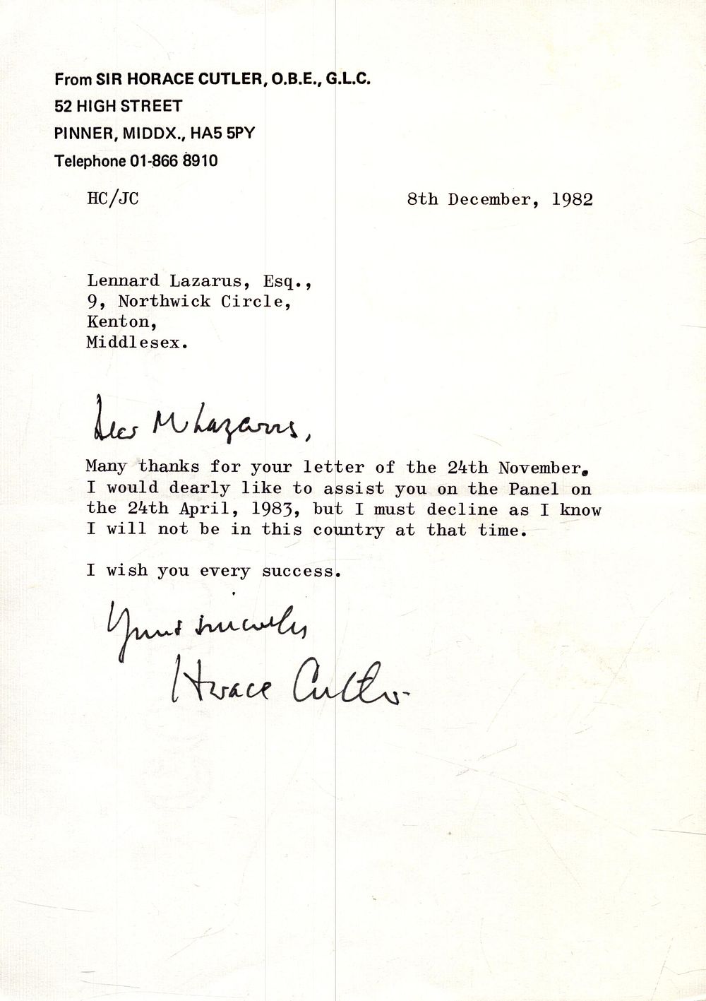 Lot 245: Sir Horace Cutler OBE signed typed letter dated...