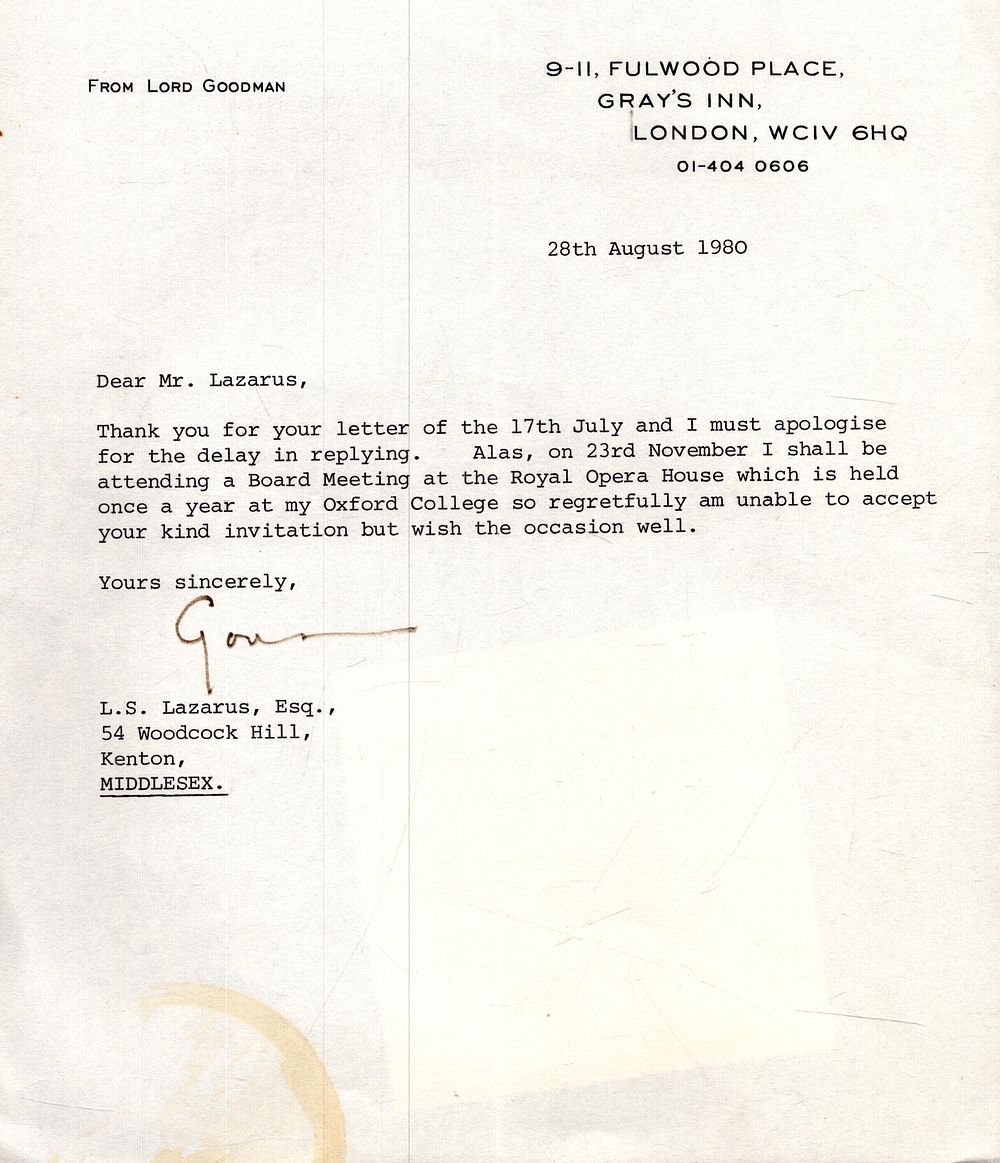 Lot 246: Lord Goodman signed typed letter dated 1980. Thank...