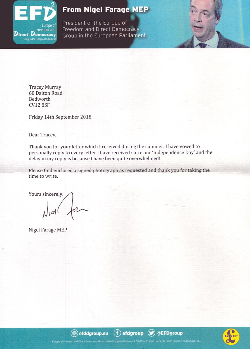 Lot 259: Nigel Farage Signed Letter of Correspondence to a...