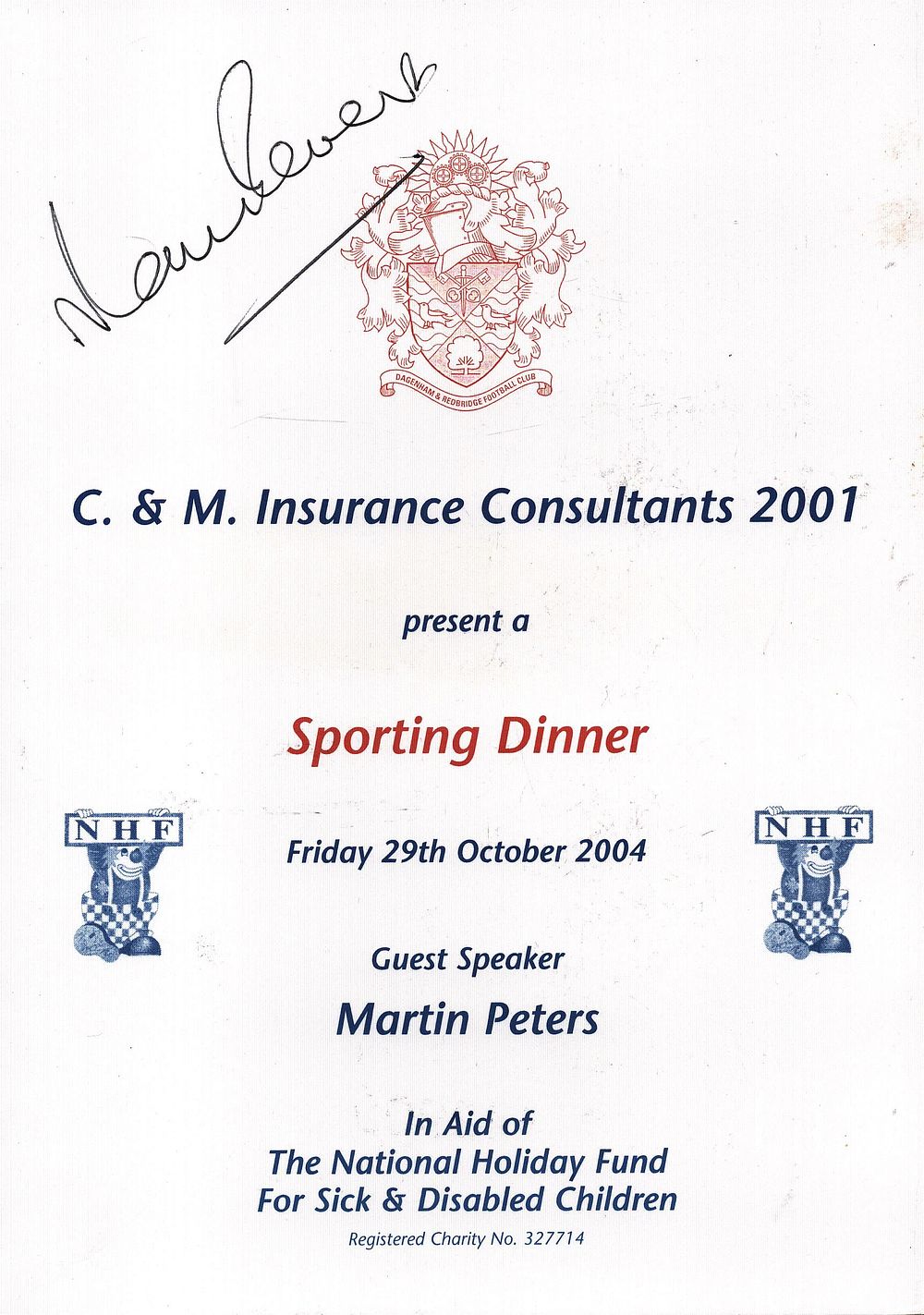 Lot 290: Martin Peters, MBE signed Sporting Dinner Menu Friday...